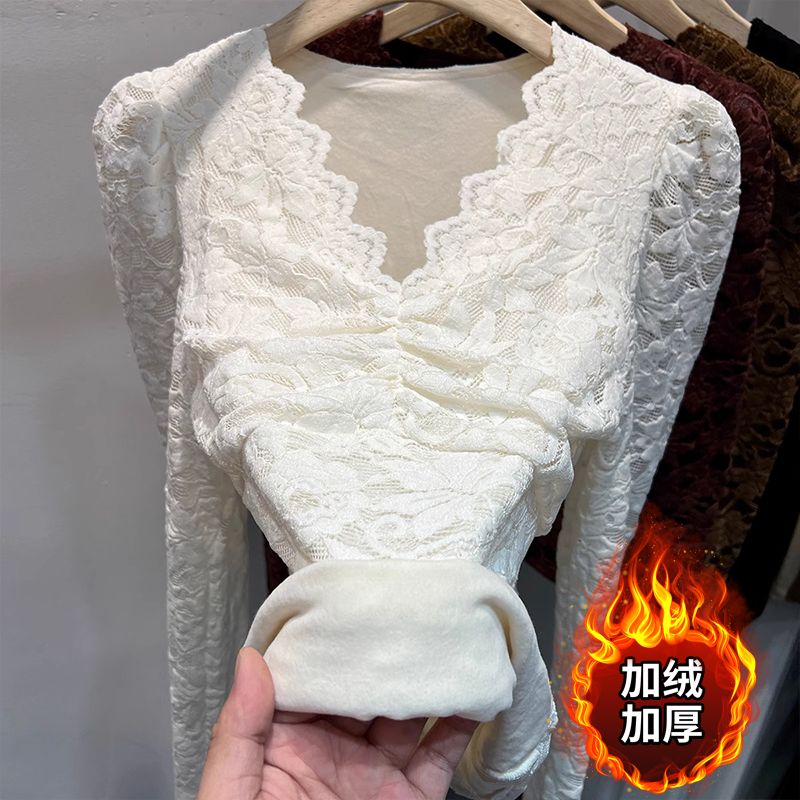 大码加绒加厚长袖蕾丝衫女裝胖mm秋冬季植绒V领网纱内搭t恤打底衫