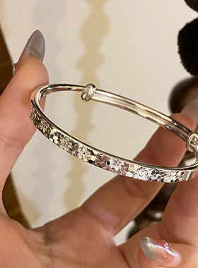 足银999.9 纯银手镯推拉国风cnc四叶草碎冰冰银手镯 有钱花手环