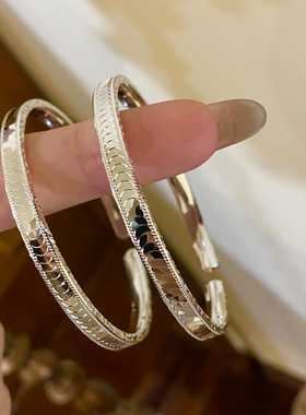 足银999.9 纯银手镯开口国风cnc闪鳞片碎冰冰银手镯 民族风镯子