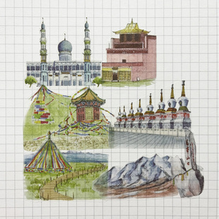 青海手账胶带热门景点建筑贴纸玉珠峰青海湖塔尔寺祁连山草原贴画