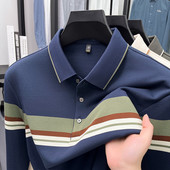 秋装 爸爸装 长袖 T恤中年男士 上衣 条纹撞色翻领POLO衫 重磅加厚男士