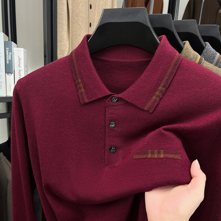 2025春秋款长袖T恤羊毛衫翻领纯色POLO衫中年男士上衣薄款针织衫