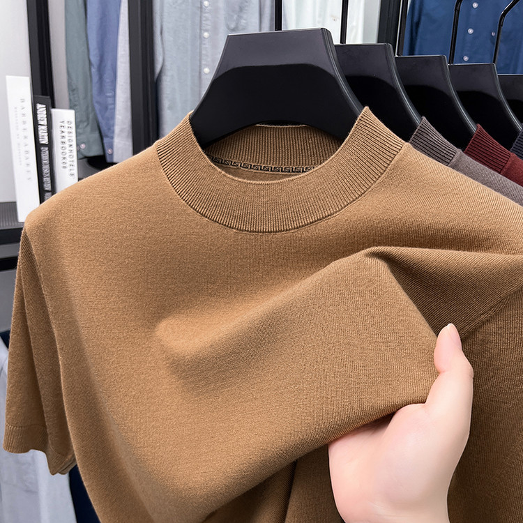 秋冬季青年男士针织衫短袖半高领丝光羊毛衫薄款纯色桑蚕丝内搭潮