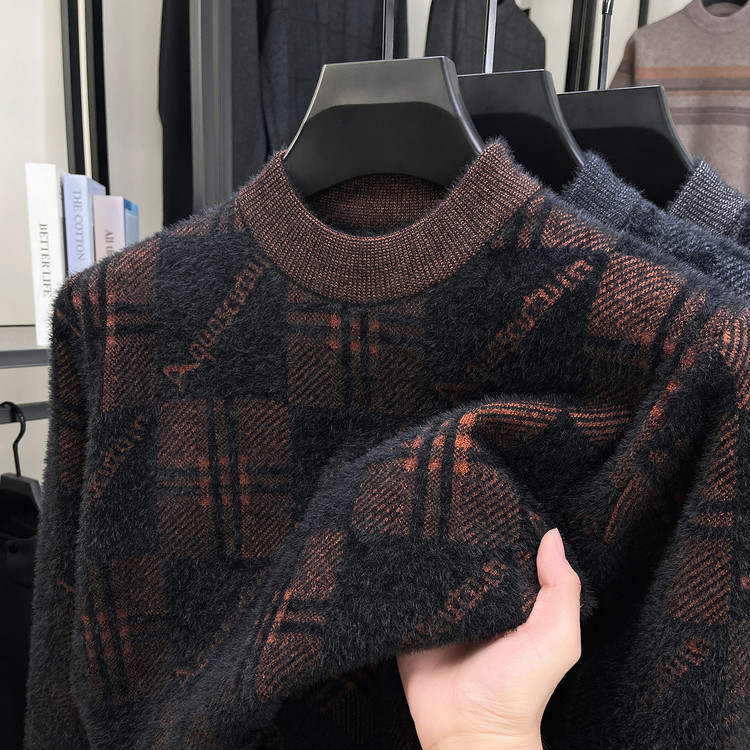 【不起球】冬季男士一体绒保暖针织打底衫加厚格子毛衣中老年爸爸