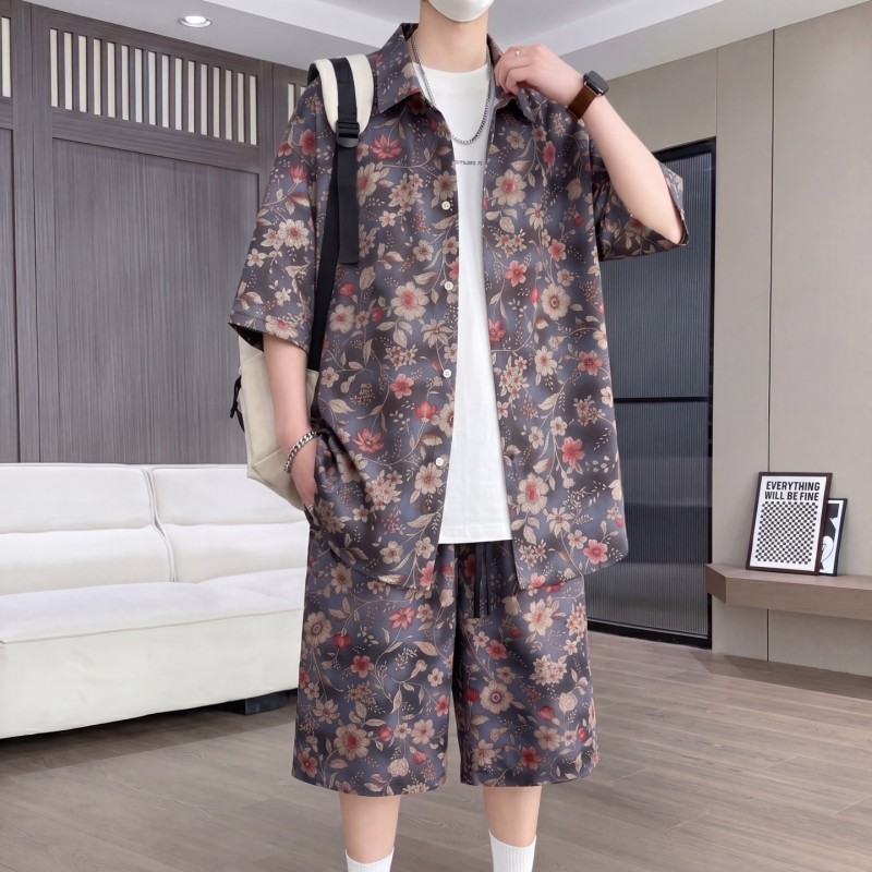 青少年衬衫两件套套装男士夏季潮流休闲时尚印花短袖衬衫短裤套装
