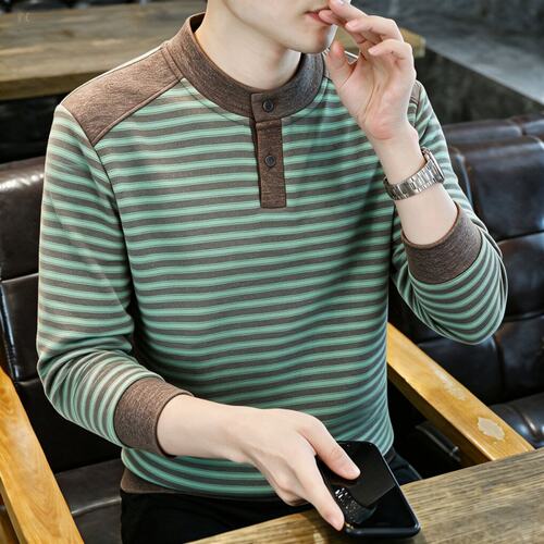 2026新款秋冬季圆领卫衣男士高品质长袖t恤打底衫撞色条纹上衣