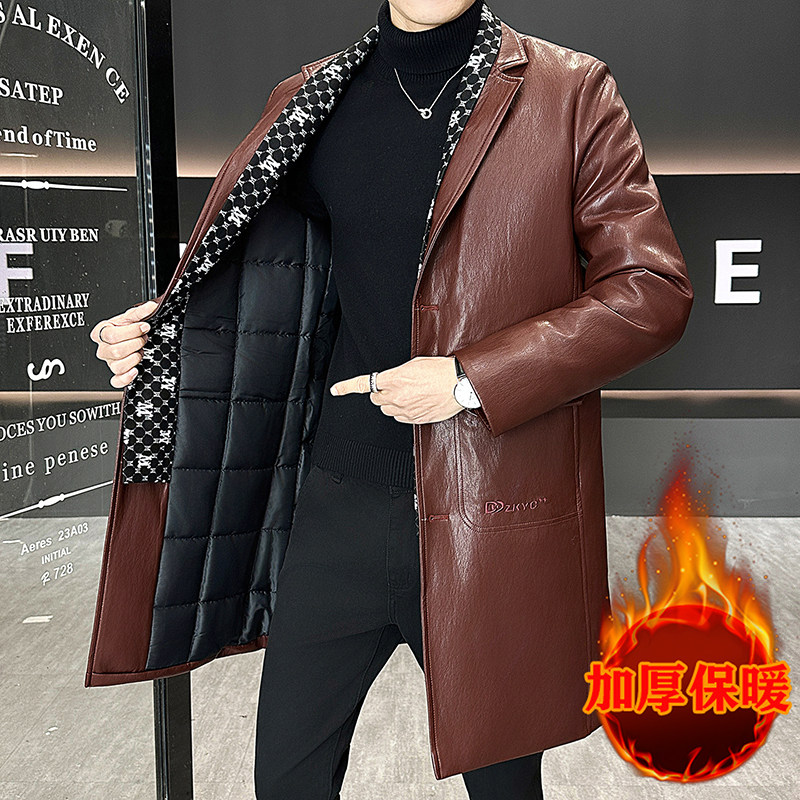 秋冬款男士中长款风衣潮流韩版皮衣PU皮外套加棉加厚帅气皮大衣