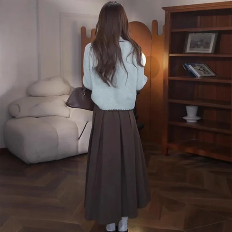 半身裙娃娃两件套撞色显白春秋款a字女毛衣开衫翻领针织慵懒套装