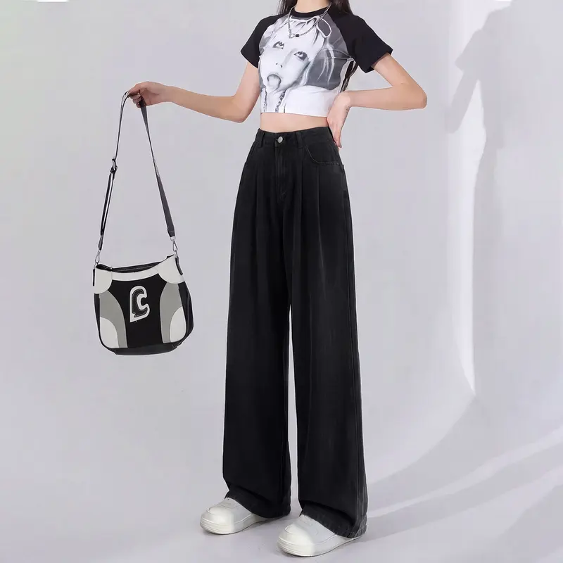 黑色天丝牛仔裤女士2026新款夏季高腰薄款直筒裤小个子冰丝阔腿裤