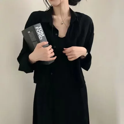 韩版chic春秋法式复古气质减龄性感吊带连衣裙 衬衫外套两件套女