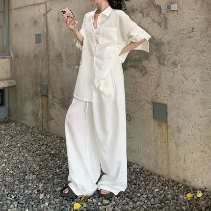 气质白色polo领衬衫上衣松弛感套装女夏季时尚休闲阔腿裤子两件套