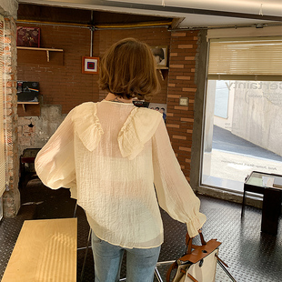 韩版洋气甜美女上衣2026春夏新款V领长袖雪纺衫荷叶边褶皱仙衬衫
