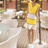 韩版 经典 2020夏新款 超仙收腰显瘦拼接v领气质名媛鱼尾连衣裙子女