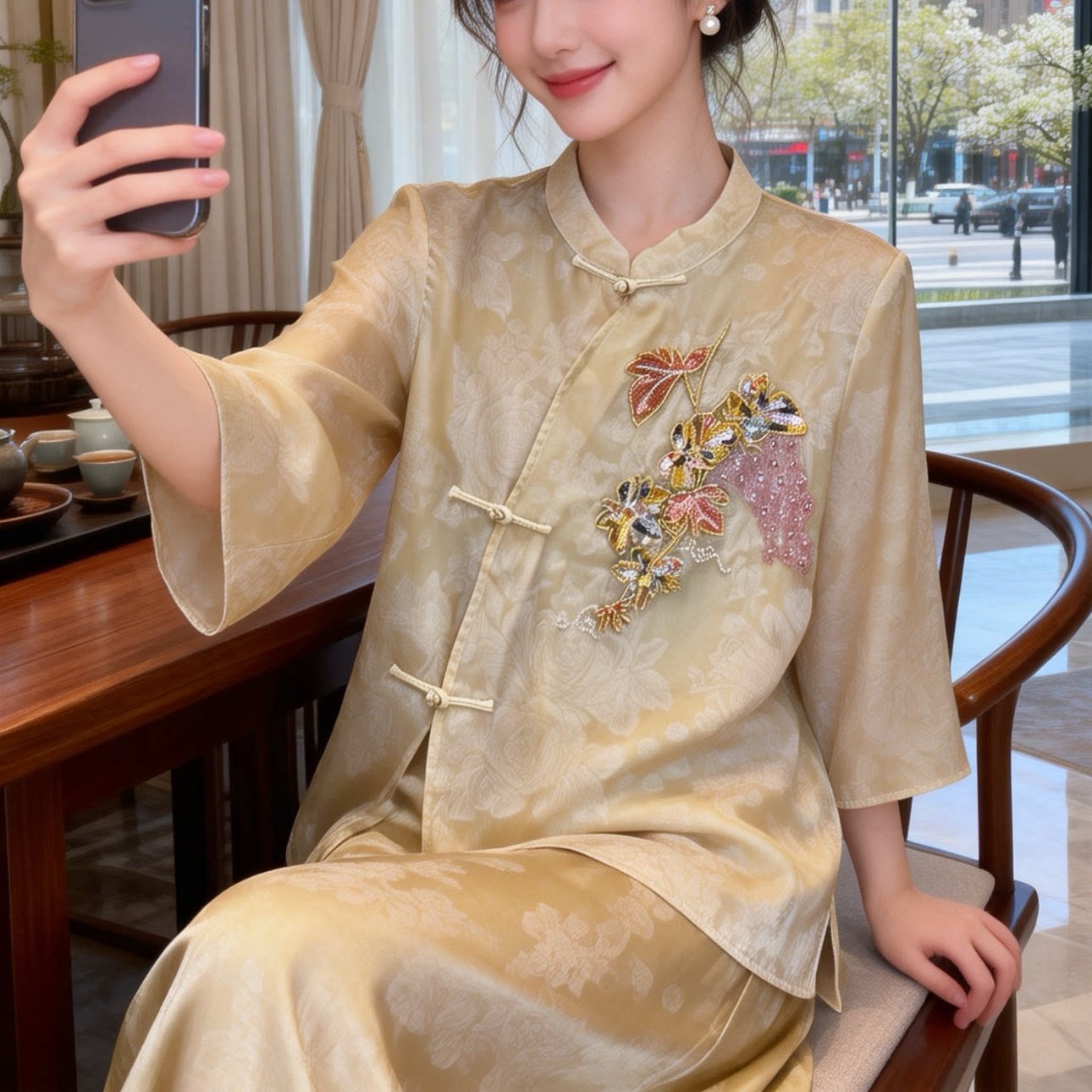 新中式唐装上衣女钉珠刺绣提花七分袖国风气质茶服改良旗袍上衣