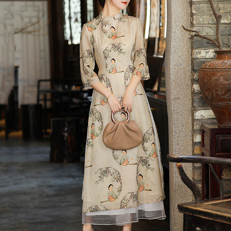 奥黛旗袍2021年新款改良夏季年轻款民国风复古女装中式文艺连衣裙