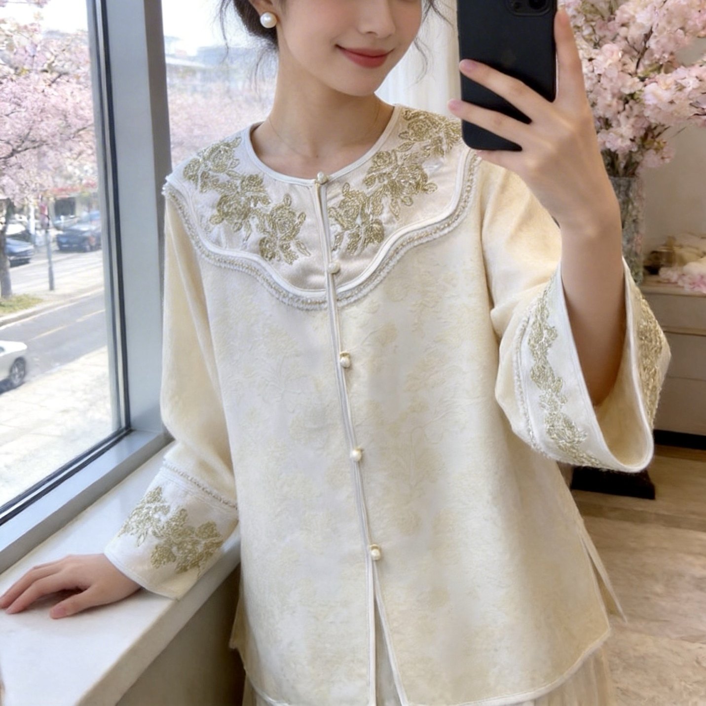 国风改良黄色提花衬衫女新中式金线刺绣盘扣古风外套撞色拼接上衣