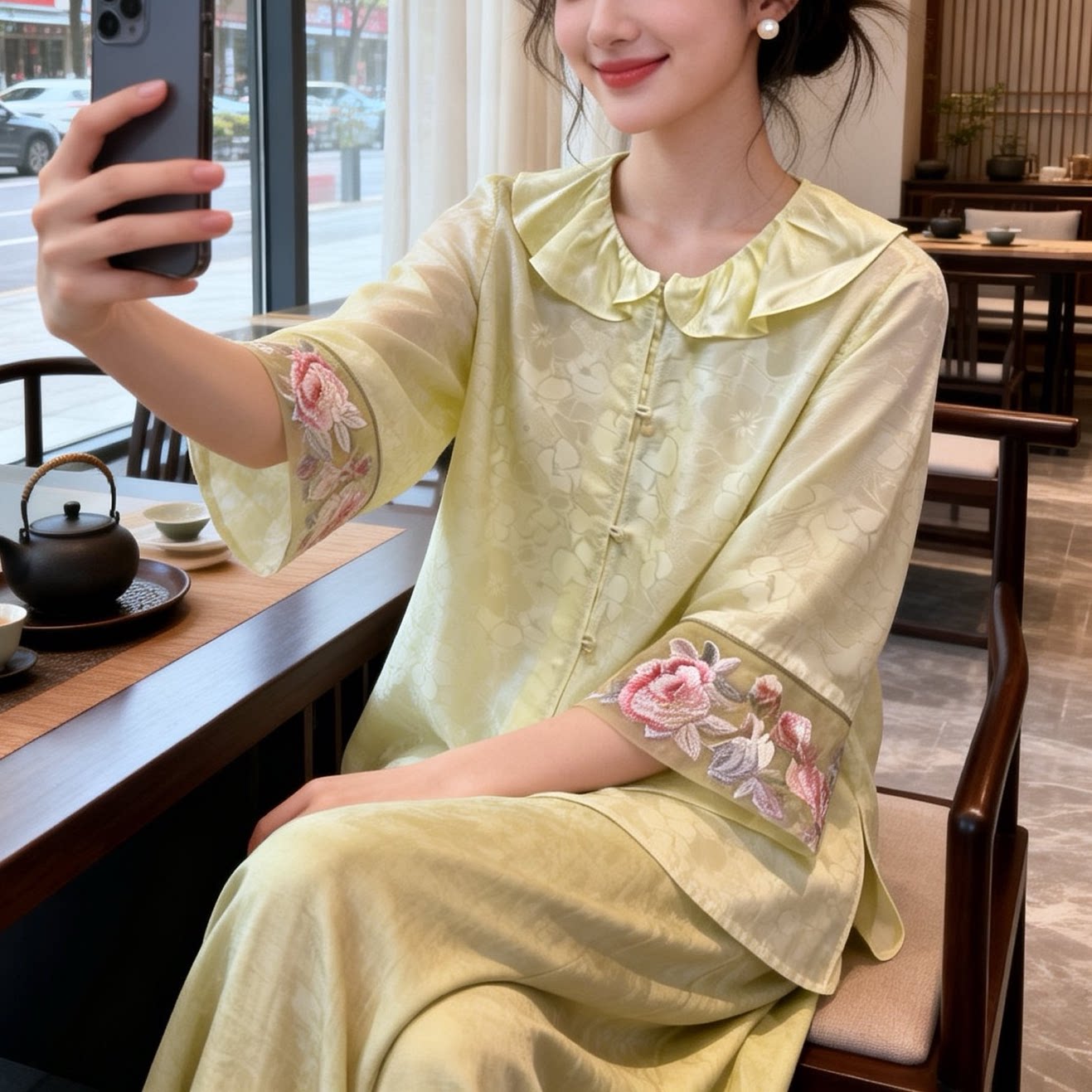 新中式上衣国风衬衫女刺绣荷叶领宽松显瘦七分袖小衫打底衫内搭