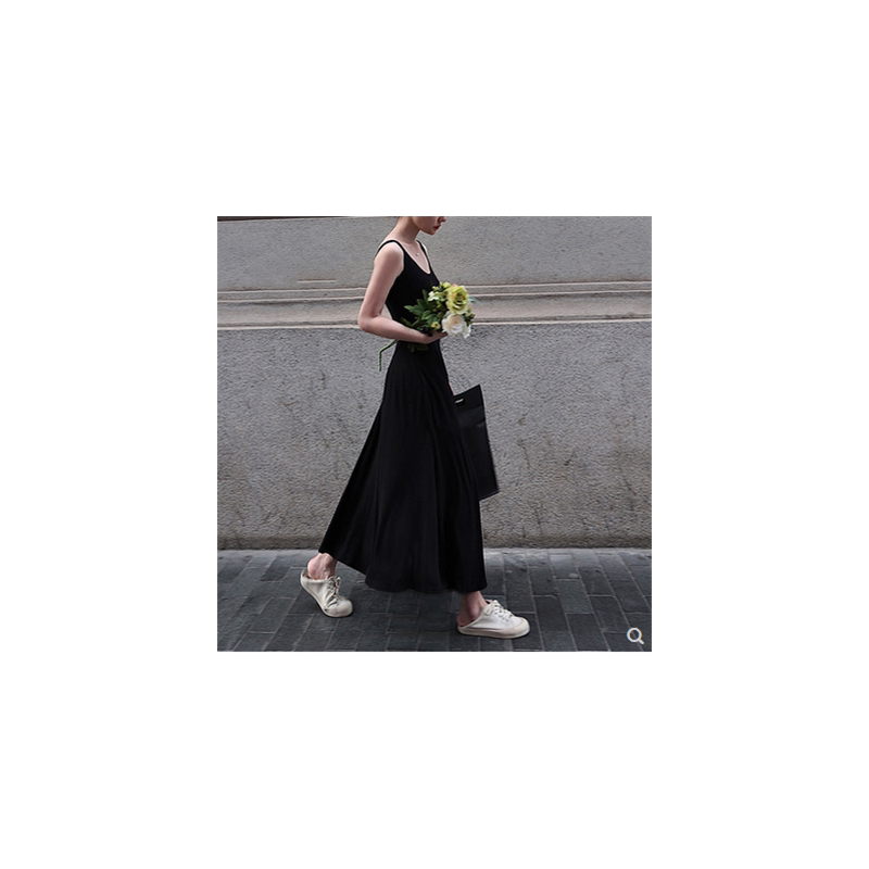 고급 대기 프렌치 슬림 블랙 서스펜더 드레스 여성 여름 착용 햅번 리틀 블랙 드레스 슬림 바닥 다목적 스티치