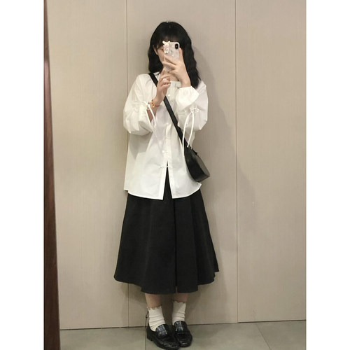 日系工装风简约黑色显瘦a字裙