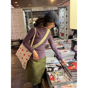 小众设计师款 高级感绿色麂皮绒短裙女秋冬学生高腰不规则半身中裙