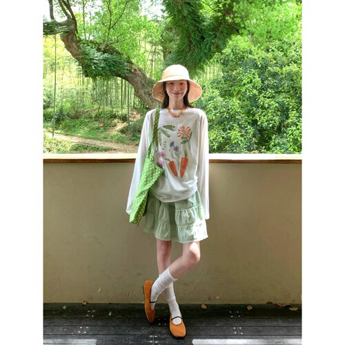 薄荷绿甜美学院蕾丝拼接花边中裙