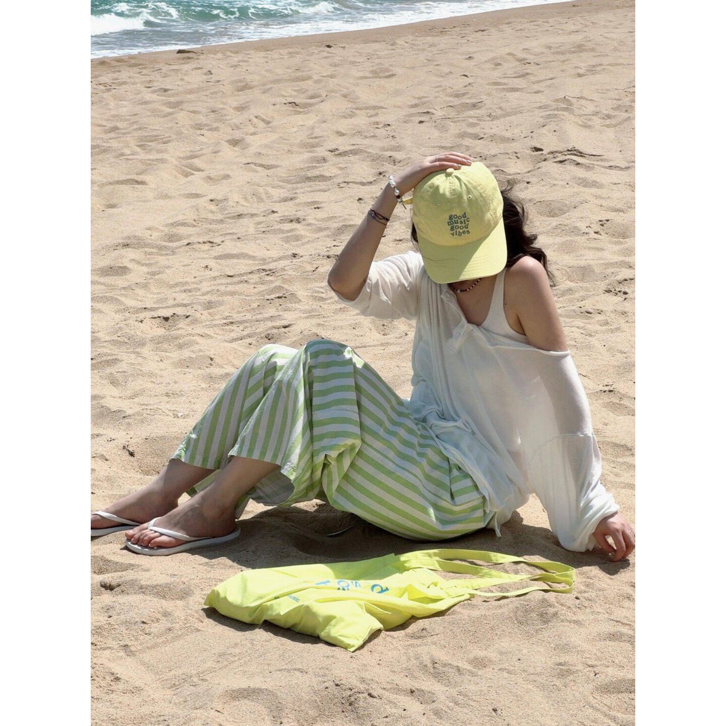 自制日系小清新浅绿色条纹阔腿裤女夏季度假穿搭宽松直筒休闲长裤
