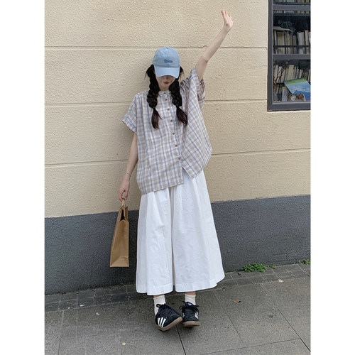 学院风复古文艺圆领格纹衬衣
