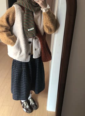 小众设计感藏青色格子a字中长裙