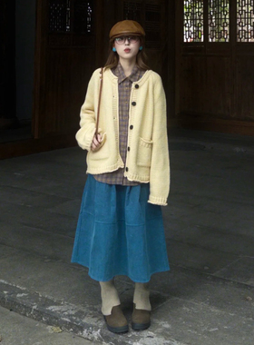 自制日系工装风蓝色灯芯绒半身裙女秋冬文艺学生宽松拼接a字伞裙