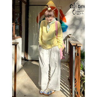 自制日系奶油黄色温柔风圆领卫衣无帽女秋宽松小个子学生上衣外套