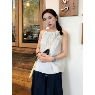 自制日系复古风白色条纹背心吊带女夏季 甜美风超仙无袖 休闲吊带衫