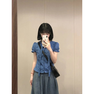 系带上衣 甜美日系深蓝格子正肩短袖 衬衫 女夏收腰修身 小个子泡泡袖