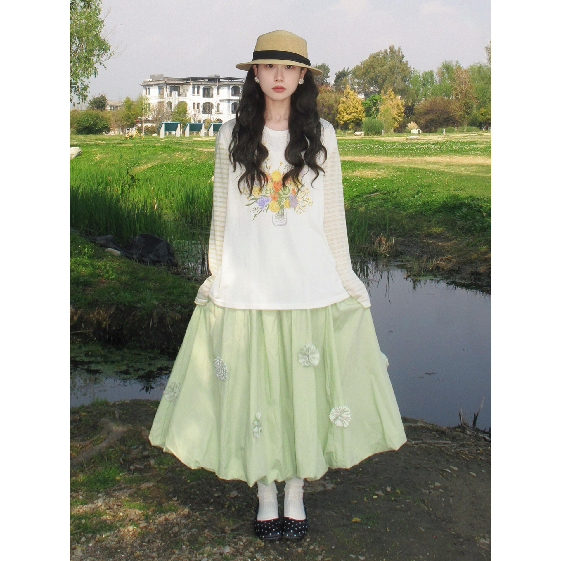 日系设计感清新薄荷绿立体花朵半身裙女春夏小众学生蓬蓬裙花苞裙