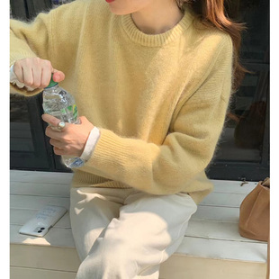 自制奶油黄日系慵懒风套头毛衣少女秋冬甜美鹅黄色加厚软糯针织衫