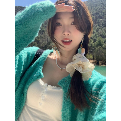 日系小清新湖水绿色圆领毛衣外套