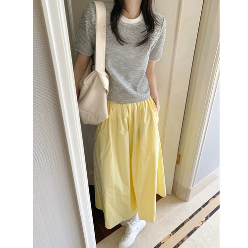 甜美奶油黄半身裙女有内衬