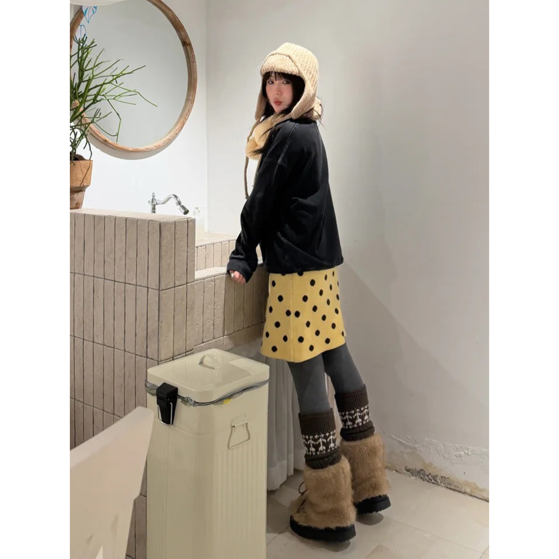 甜美日系鹅黄色波点毛衣中裙秋冬小个子可爱少女学生针织半身短裙