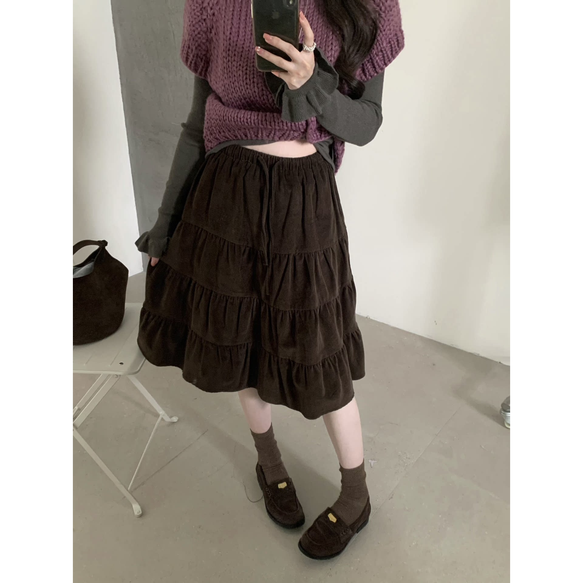 日系复古咖啡色拼接高腰半身裙女秋冬加厚甜美遮胯显瘦百搭蛋糕裙
