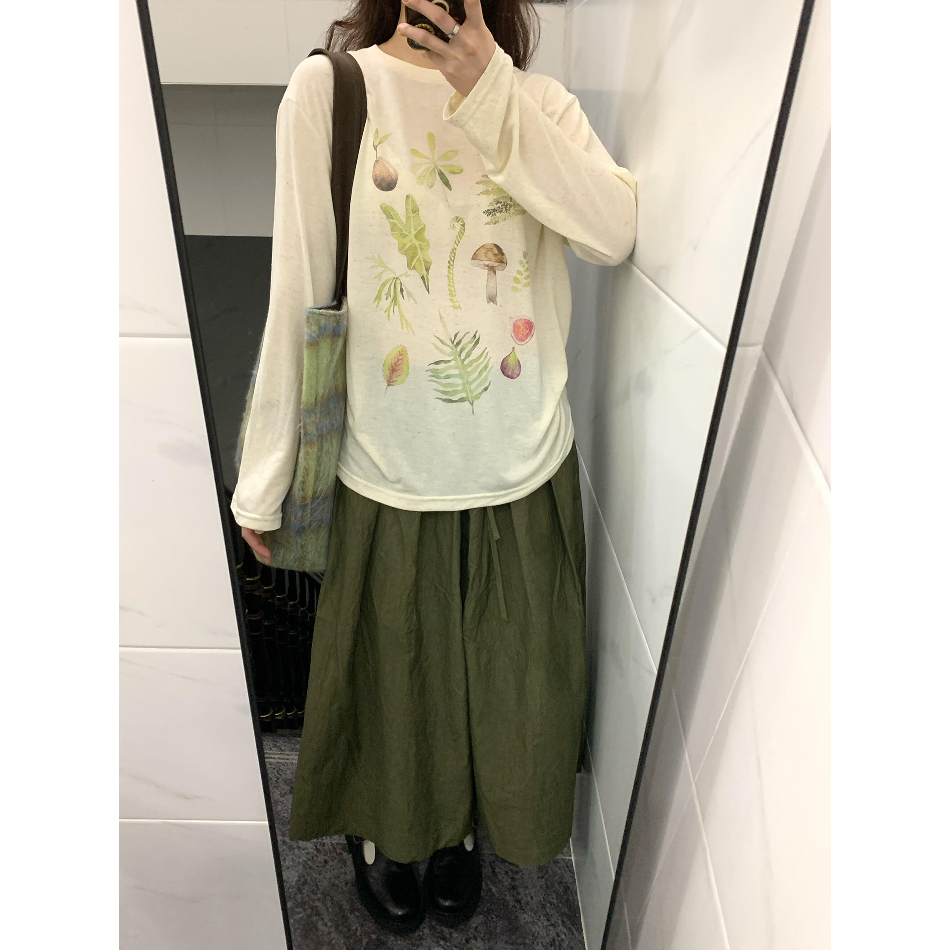 自制日系工装风军绿色高腰半身裙女春森系文艺风垂感系带阔腿裙裤