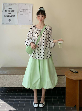 自制甜美日系奶油绿色花苞裙女夏小众设计感宽松半身裙云朵灯笼裙