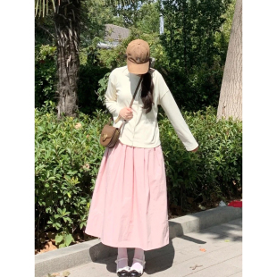 自制日系工装风浅粉色半身裙女秋季学院风文艺甜美高腰a字中长裙