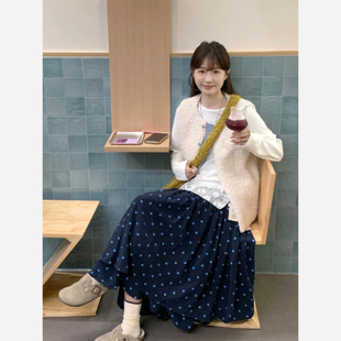 自制复古日系蓝色波点拼接半身裙女秋冬文艺设计感高腰双层蛋糕裙