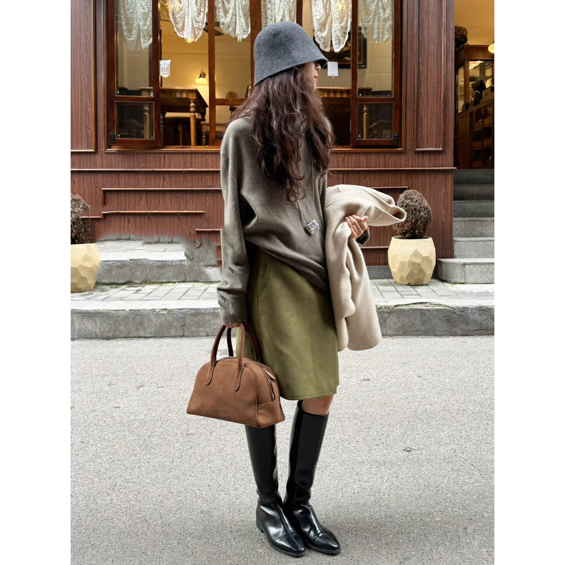 咸菜绿麂皮绒一片式半身裙