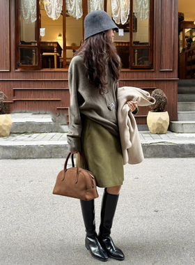 日系小众高级感牛油果绿不规则半身裙女秋冬麂皮绒复古设计感中裙