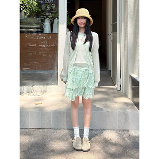 甜美日系薄荷绿碎花多层蛋糕裙夏季小个子超仙女显瘦豹纹半身短裙