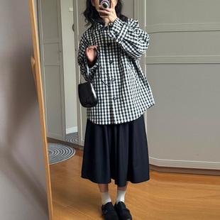 日系少女复古黑白格子衬衫外套2026春夏松弛感宽松休闲中长款衬衣