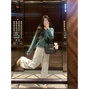 自制日系小个子雾霾绿连帽短款卫衣女秋冬学院风宽松显瘦拉链外套