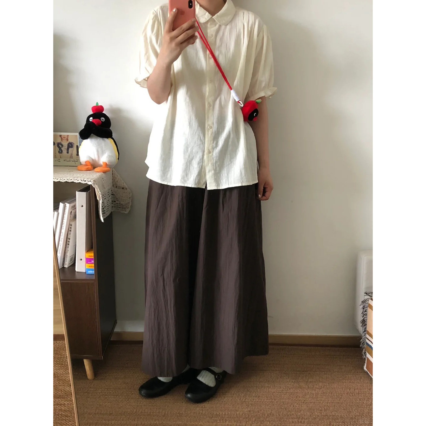 自制日系工装风咖啡色中长裙女学院风甜美松紧高腰垂感a字半身裙