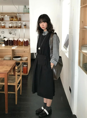 日系复古工装风黑色背心裙女