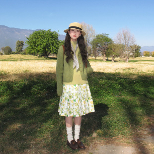自制日系复古绿色碎花百褶裙春季 田园风高腰A字半身裙 少女法式